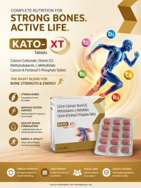 KATO-XT Tablets are a comprehensive nutritional supplement formulated with Calcium Carbonate, Vitamin D3, Methylcobalamin, L-Methylfolate, and Pyridoxal-5-Phosphate.This advanced combination supports bone strength, nerve health, and overall vitality, making it ideal for individuals needing daily nutritional support for an active and healthy lifestyle.