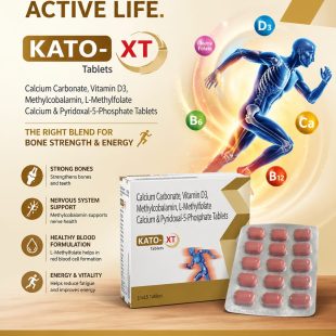 KATO-XT Tablets are a comprehensive nutritional supplement formulated with Calcium Carbonate, Vitamin D3, Methylcobalamin, L-Methylfolate, and Pyridoxal-5-Phosphate. This advanced combination supports bone strength, nerve health, and overall vitality, making it ideal for individuals needing daily nutritional support for an active and healthy lifestyle.