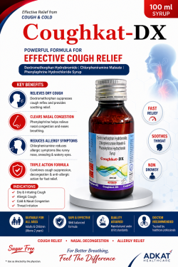 Coughkat DX Syrup is a specially formulated cough relief solution designed to provide effective relief from dry cough, throat irritation, and allergic cough symptoms.With a balanced combination of active ingredients, it works to suppress cough reflex, soothe the throat, and improve breathing comfort, helping you get back to your normal routine faster.