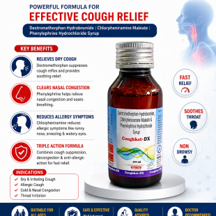 Coughkat DX Syrup is a specially formulated cough relief solution designed to provide effective relief from dry cough, throat irritation, and allergic cough symptoms. With a balanced combination of active ingredients, it works to suppress cough reflex, soothe the throat, and improve breathing comfort, helping you get back to your normal routine faster.