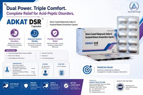 Dual Power. Complete Relief.ADKAT DSR Capsules combine the strength of Rabeprazole Sodium (Enteric Coated) and Domperidone (Sustained Release) to provide effective relief from acidity and gastric discomfort.
✔ Reduces acid secretion
✔ Improves gastric motility
✔ Relieves nausea & bloating
✔ Long-lasting comfort