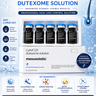 mesoestetic® C.PROF 231 DUTEXOME SOLUTION Advanced Science. Visible Results. Professional Hair-Loss Control Solution 💧 Key Ingredients • Exosomes – Boost scalp regeneration • Dutasteride 0.05% – Helps reduce hair fall causes • Copper Tripeptide – Supports hair growth • Biotin + Vitamin B Complex – Strengthens hair roots ✨ Benefits • Reduces hair fall appearance • Improves hair thickness & density • Strengthens hair follicles • Enhances scalp hydration 💼 Professional Use • Used in advanced aesthetic treatments • Suitable for men & women • Works on multiple hair-loss causes 📦 Pack Details 5 Vials × 5 ml (Professional Use) 🛒 Availability Available on www.niakaa.com⁠� 🔻 Footer Line Stronger Roots. Healthier Hair.